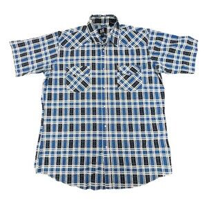 Rock Creek Ranch Mens Blue Plaid Pearl Snap ButtonShort Sleeve Shirt Size 2XLT